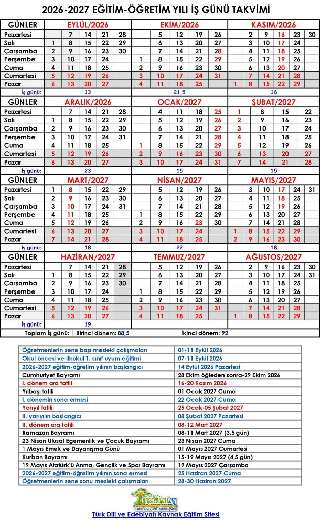 2026-2027 Eğitim Öğretim Yılı İş Günü Takvimi